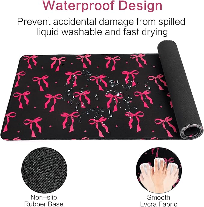 Large Gaming Mouse Pad 31.5 x 11.8in Desk Mat for Office Mousepad Anti-Skid Rubber Base Soft Comfortable and Durable Desk Pad (Black Bow)
