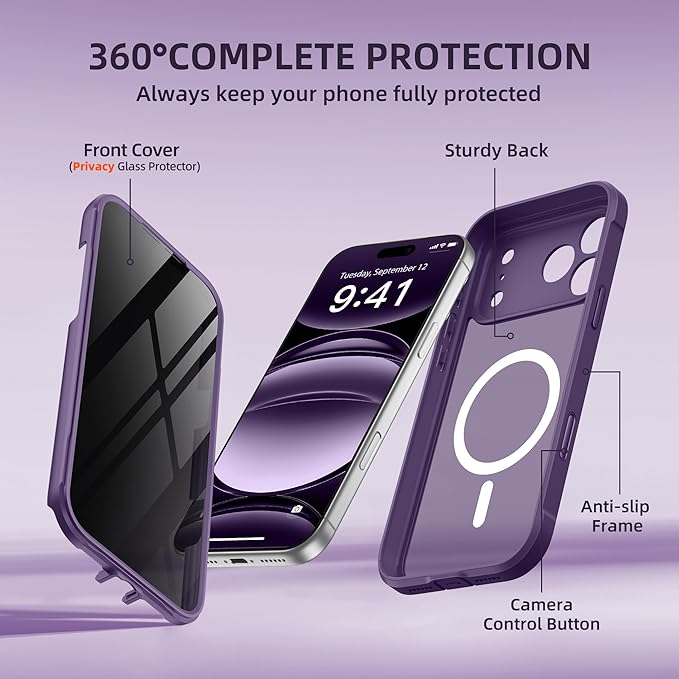 BERFY for iPhone 17 Pro Case, Compatible with MagSafe, Built-in Privacy Screen Protector, Camera Protection, Shockproof Full Body Phone Case 6.3", Translucent Deep Purple