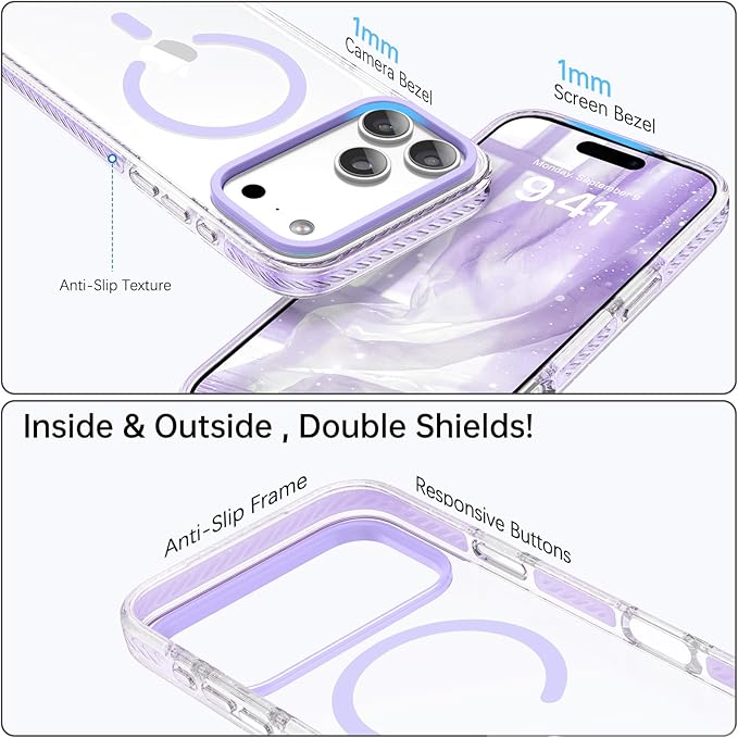 BENTOBEN Magnetic for iPhone 17 Pro 6.3" Case, Compatible with Magsafe Military Shockproof Protective Bumper Cute Transparent Slim Anti-Yellowing Phone Case for iPhone 17 Pro Cover, Clear Purple