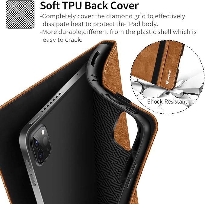 H HOLIMET Case for iPad Pro 11 inch 2022 4th/3rd/2nd/1st Generation 2021/2020/2018 with Pencil Holder PU Leather Protective with Pocket Soft TPU Back Shockproof
