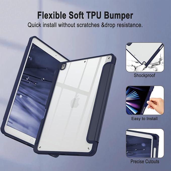 Case for iPad 9th / 8th / 7th Generation (2021/2020 / 2019), for iPad 10.2 Inch Case with Pencil Holder, Stand Tablet Clear Back Cover, Auto Sleep/Wake - Navy Blue