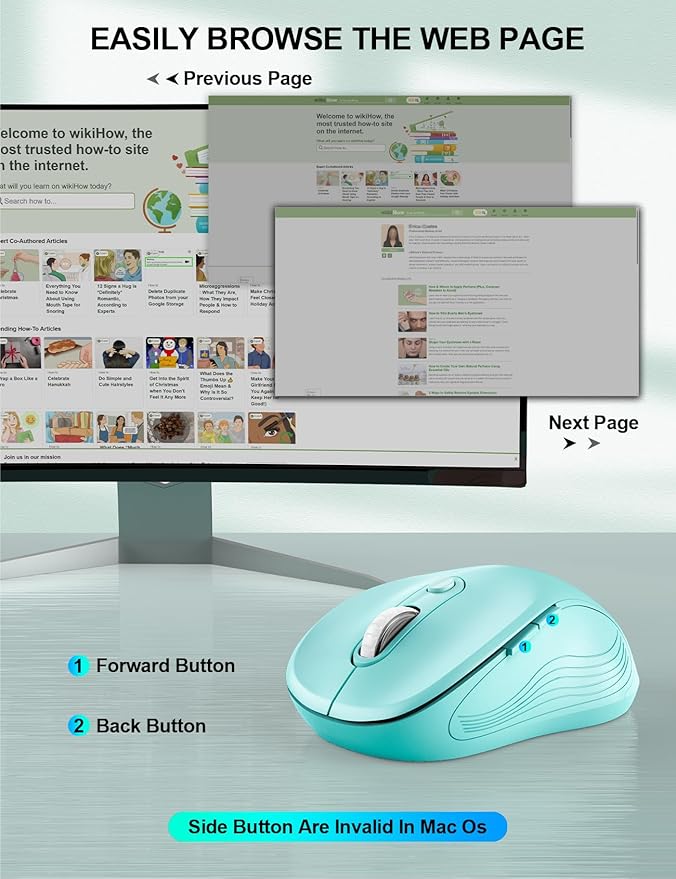 Trueque Wireless Mouse for Laptop, 2.4GHz Ergonomic Computer Mouse with Back & Forward Buttons, 3 Adjustable DPI Levels, 6 Buttons, Optical USB Cordless Mice for Windows PC, M01 (Mint Green)