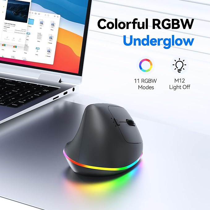 TECKNET RGB Rechargeable Wireless Ergonomic Mouse - USB+Bluetooth Multi-Device LED Vertical Mouse with 11 RGB Backlight Modes, 4800 DPI Adjustable, Ergo Mice for Windows and Mac, Black