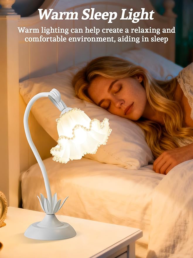 Flower Table Lamp Bedside Lamps LED Reading Light,3 Color Modes Cute Small Lamp,Vintage Flower Lamp Kawaii Table Lamp for Bedroom Living Room Office Dorm Desk Home Decor (Pearl White lamp)