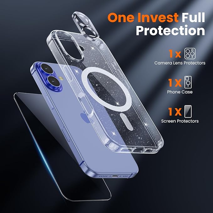 toushion 3 in 1 for iPhone 16 Case Clear with MagSafe, Not Yellowing, Screen Protector*1 Camera Lens Protector*1, Military-Grade Protection for iPhone 16 Phone Case 6.1 inch Clear Glitter