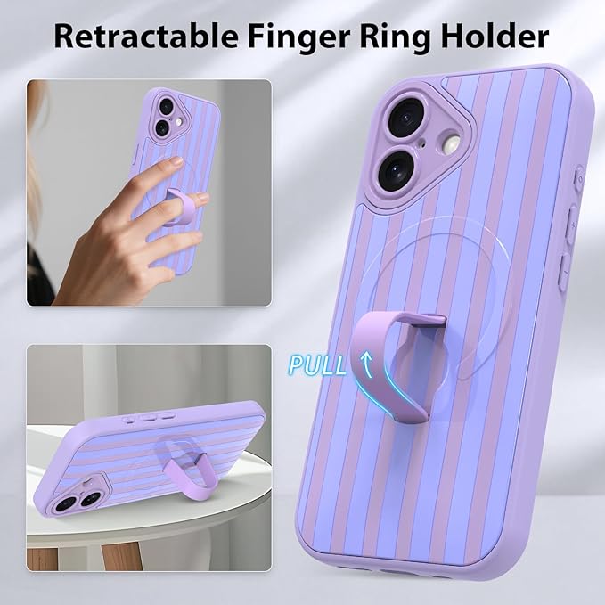 KANGHAR Compatible with iPhone 16 Case, Support for MagSafe, Silicone Stripes Cute Pattern, Wristband Kickstand Camera Protection Soft Slim Cover for Girls Women -Purple