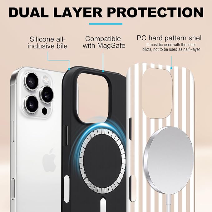 Magnetic for iPhone 12 Pro Max Case Cute Stripes Phone Case, Shockproof Slim TPU and Hard PC Protective Phone Cover Compatible with MagSafe Designed for Women Girls, Apricot