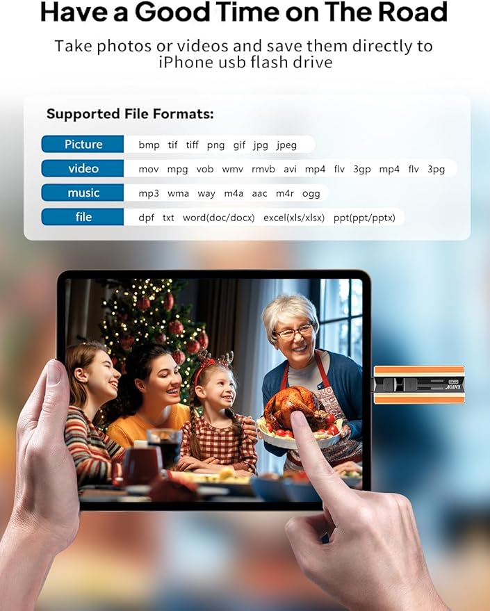 EATOP 256GB Dual Interface Flash Drive, No App Required, Portable USB Storage Memory Stick for iPhone, iPad, Android, PC & Mac – Easily Stores Photos, Videos & Files (Orange)