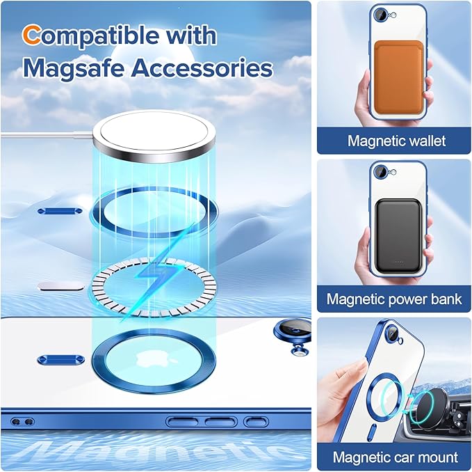 Hython Magnetic Clear for iPhone 16e Case with Camera Lens Protector [Compatible with MagSafe] Luxury Plating Edge Slim Soft TPU Cover Protective Phone Case for iPhone 16e 6.1", Deep Blue