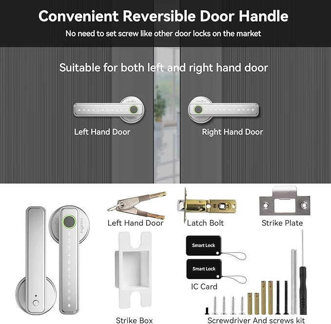 Fingerprint Smart Lever Lock TUYA APP Control Keyless Entry Bluetooth Touchscreen Indoor Handle Biometric Electronic Digital Door Knob with Keypad Suitable for Hotel Office Apartment Bedroom