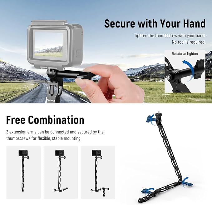 NEEWER Aluminum Alloy Extension Arm Set (11.8"/6.5"/3.3") for Action Camera with 3 Thumbscrews and 1/4" Screw Adapter Compatible with GoPro Hero 13 12 11 10 9 8 DJI Osmo Action 5 Pro Insta360, GP-11