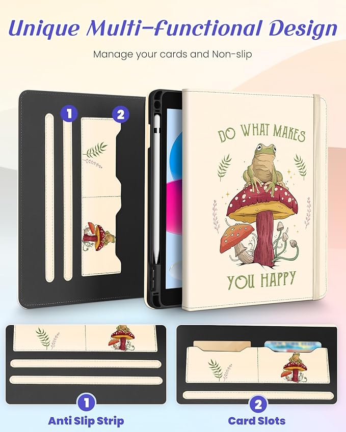 Kidcube for iPad 10th Generation Case 2022, for iPad (A16) Case 11th Generation 2025 - Women Girls Kids Cute Rotating Stand Folio Cover with Pencil Holder & Card Slot Cool Frog Mushroom Design Cases