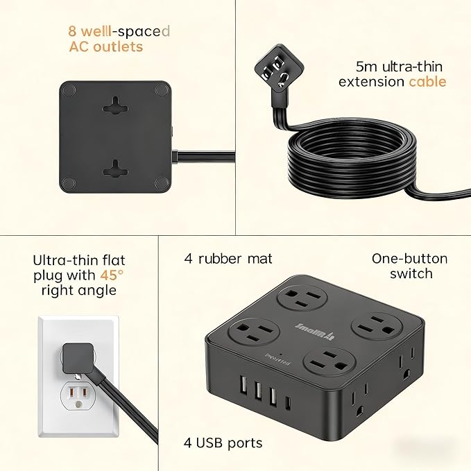 12 in 1 Power Strip Extension Cords with Multiple Outlets, 8 Outlets & 4 USB Ports Extension Cord, Flat Plug Compact Charging Station