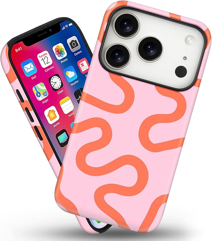 Magnetic for iPhone 17 Pro Case Cute Curved Stripes Phone Case, Shockproof Slim TPU and Hard PC Protective Phone Cover Compatible with MagSafe Designed for Women Girls,Pink