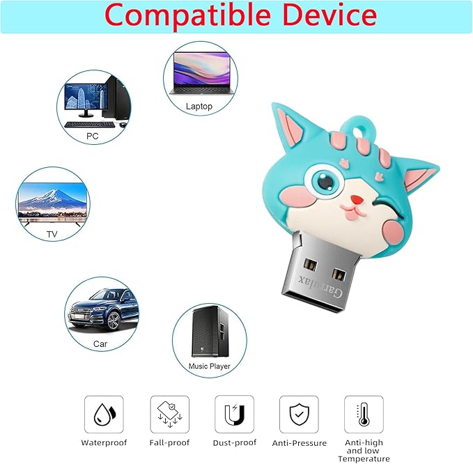 USB Flash Drives,Waterproof Silicone USB2.0 High Speed Thumb Memory Stick Pen Date Storage Pendrive U Disk (16GB,Green Cat)