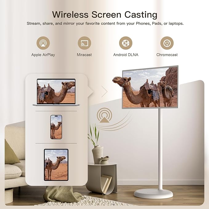 YAOKIREN 32" Smart Portable TV, 4K/1080P Mobile TV, Android OS, 6GB+128GB, Built-in 15000mAh Battery, 13MP Camera for Video Calls, Swivel Rotating Stand, Voice Remote, Wireless Smart Display