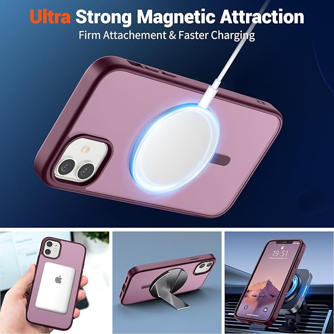 SUPFINE Magnetic for iPhone 12 Mini Case & iPhone 13 Mini Case (Compatible with MagSafe) (Military Grade Drop Protection) Translucent Matte Shockproof Phone Cover,Wine Red