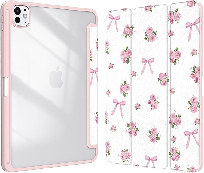 Case for iPad Pro 11-Inch M5/M4 2025/2024 (6th/5th Generation), Case with Pencil Holder, Clear Back Cover Cute Cool Design for Women Girls, Auto Sleep/Wake, Bow Rose