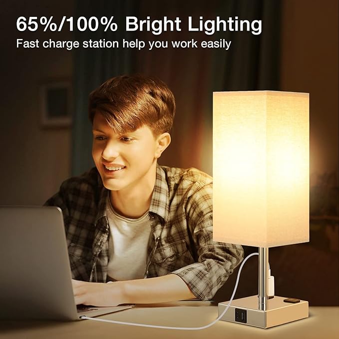 aooshine Beige Set of 2 Touch Lamp with USB Port-Nightstand Lamp with USB-C+A Charge Ports& AC Outlets, 3-Way Dimmable Bedside Lamp with Shade,Small Table Lamp for Bedroom Living Room(Bulb Included)