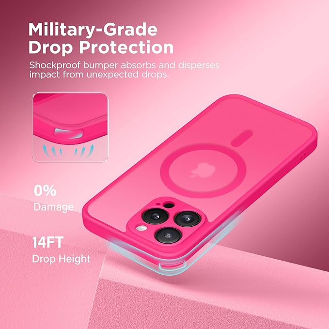 CAPRARO Magnetic for iPhone 15 Pro Case, [Compatible with MagSafe] [Full Camera Protection] Shockproof Protective Slim Translucent Matte Phone Case for iPhone 15 Pro 6.1'', Hot Pink