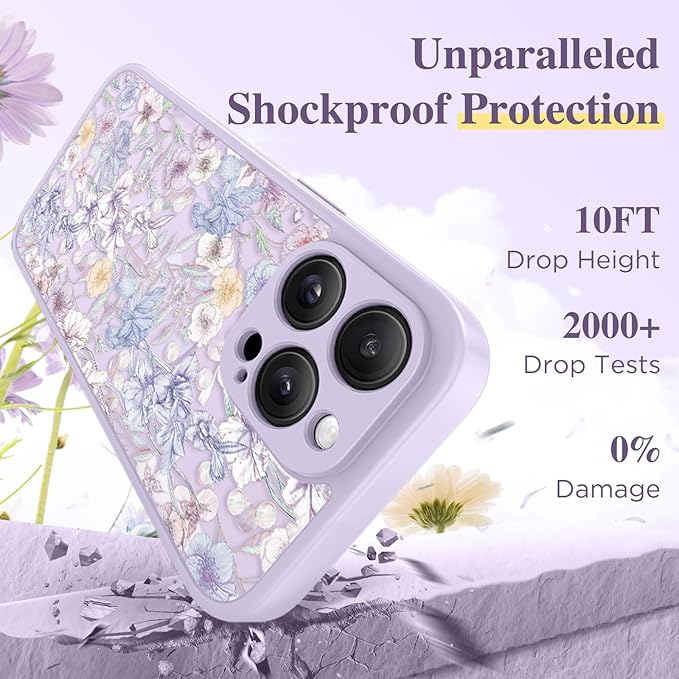GVIEWIN for iPhone 15 Pro Case Compatible with MagSafe, [Military Grade Protection] [Screen Protector] Full Camera Protection Floral Translucent Women Magnetic Phone Case, Apricot Blossom/Purple
