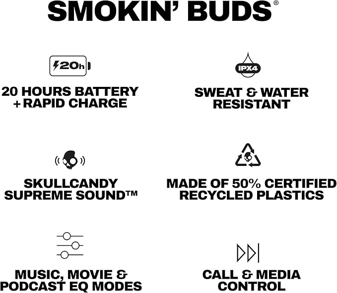 Skullcandy Smokin’ Buds Wireless Earbuds, Bluetooth Headphones, Noise Isolating Fit, Up to 20 Hours Battery, IPX4 Sweat and Water Resistant, Microphone for iPhone Android - Preppy Sage