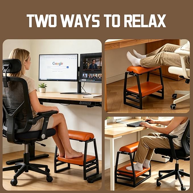 Adjustable Double Step Footrest Under Desk,9-Angle Double Step Foot Stool for Office & Home, Ergonomic Foot Support with Non-Slip Pads- Orange