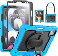 SEYMAC Case for iPad Air 5th/ 4th Generation 10.9", Full-Body Shockproof Protective Case with Screen Protector, Rotating Stand/Handle/Shoulder Strap/Pencil Holder for iPad Air 5/ Air 4, Sky Blue