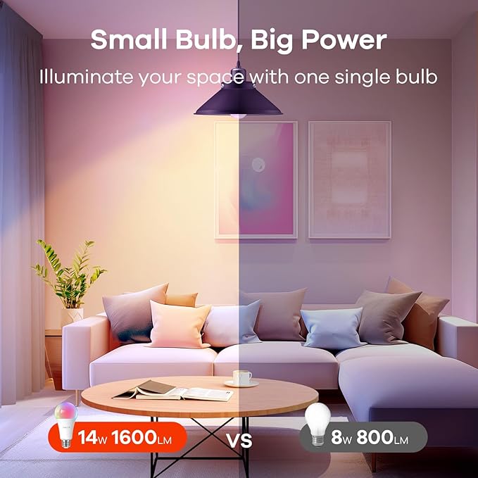 OREiN Matter Smart Light Bulb, 1600 Lumens 100W Equivalent Smart Light Bulbs, Color Changing Light Bulbs Work with Apple Home, Alexa, Google Home, SmartThings, A21 Smart Bulbs 2.4Ghz WiFi, 2Pack