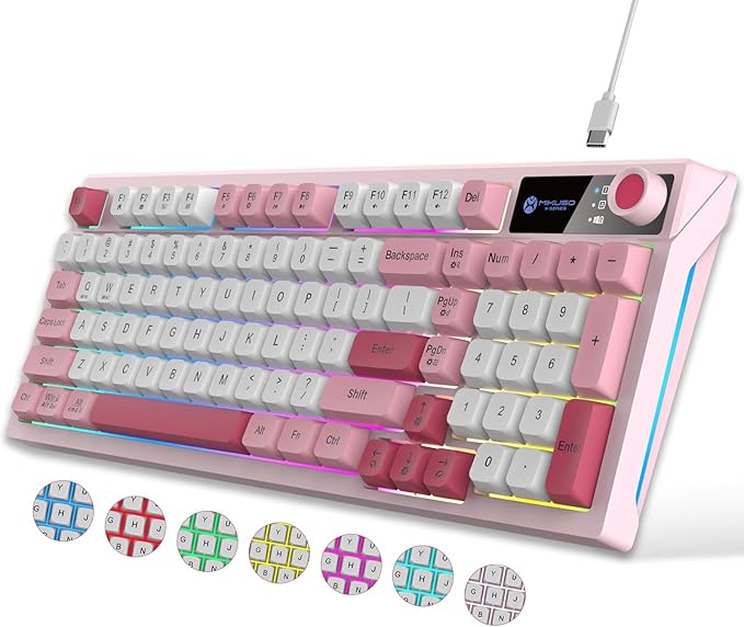 98-Key Wired Keyboard, RGB Backlit Gaming Keyboard with Volume Knob & Side Light Bar, 8 Lighting Modes & 7 Color Changes, Plug and Play USB Keyboard for PC/Mac,Laptop Pink