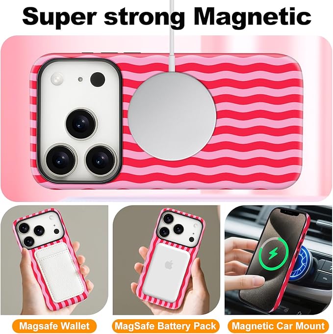 Magnetic for iPhone 17 Pro Case Cute Wavy Stripes Phone Case, Shockproof Slim TPU and Hard PC Protective Phone Cover Compatible with MagSafe Designed for Women Girls, Red