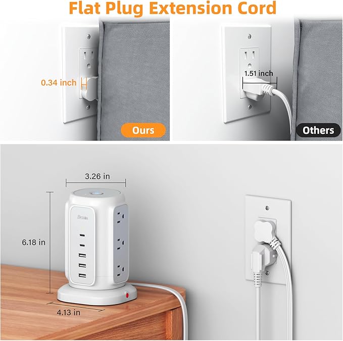 Power Strip Tower, 1625W Surge Protector with 9AC Outlets 5 USB Ports, 6.5 FT Extension Cord Charging Tower for Multiple Devices, for Office Supplies, Dorm Room Essentials for Girls, Guys
