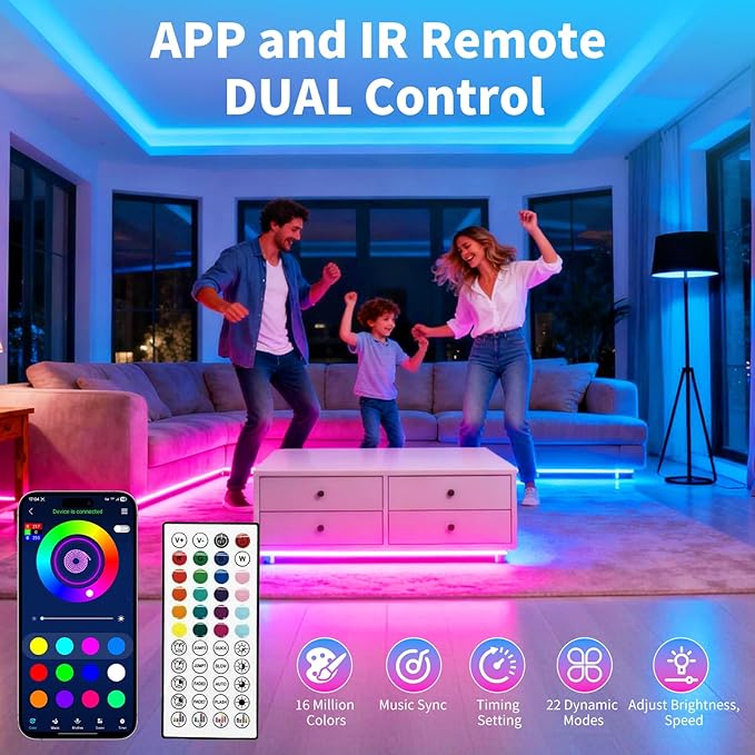 LED Strip Lights,RGB Music Sync Color Changing Led Lights with Smart App Control Remote & Remote Control for Room, Part Essential,Sense of Atmosphere Decoration(130FT-2 Rolls of 65ft)