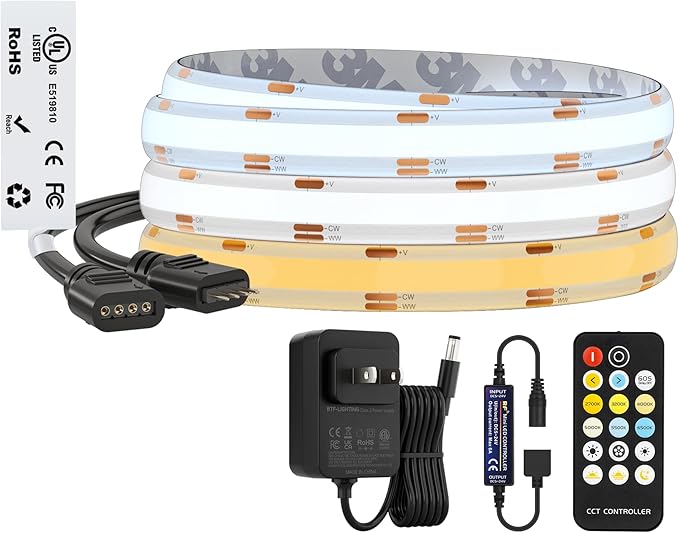 BTF-LIGHTING FCOB COB CCT 3000K-6000K Tunable White LED Strip with RF Remote,UL Listed 24V 9.8FT 640LEDs/m Super Bright Dimmable Tape Light for Bedroom Kitchen Under Cabinet Indoor Decor