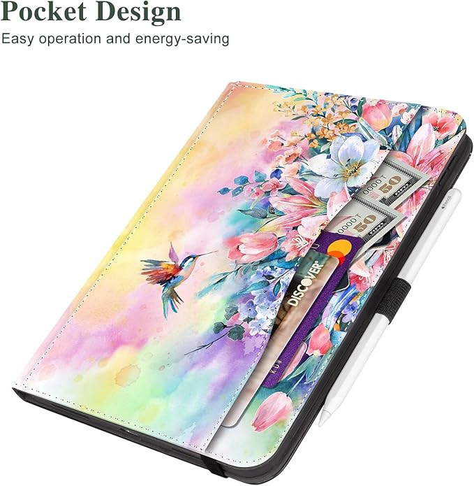 Vimorco Case for iPad (A16) 11th Generation 2025, for iPad 11th/10th Generation Case, Pencil Holder/Hand Strap/Pocket, Multiple Stand Protector Shell Cover, Auto Wake/Sleep, Hummingbird Flower