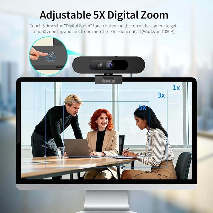 TOALLIN 4K AI Webcam for PC, AI Auto-Framing, WDR/HDR, Pic-in-Pic, Built-in Dual Mics, 5X Adjustable Zoom, Image Mirroring, 92° FOV Webcam for Video Conferencing, Streaming, Video Calls