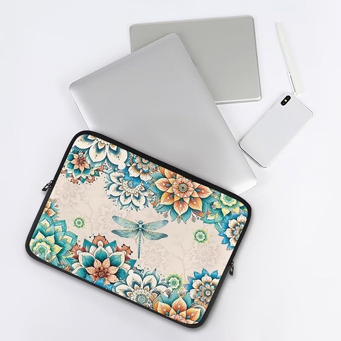 Boho Flower Dragonfly Laptop Protective Sleeve for Women Men Computer Sleeve 15 Inch Laptop Case Bag Lightweight Computer Carrying Case Suitable GITS for Teens Tablet Bags