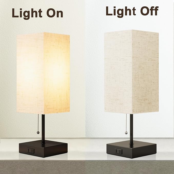 YIDPU Table Lamp for Bedroom,Nightstand Lamp for Bedside with AC Outlets,Adjustable 3color LED Light Desk Lamp for Home Decor,Included Bulb and Lamp Shade (Linen White-onlyAC, 2PCS)