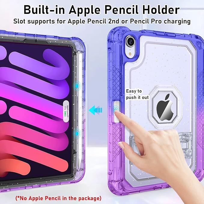 ZoneFoker Case for iPad mini A17 Pro, for iPad mini 7th/6th Generation Case 8.3 inch 2024/2021 with Pencil Holder/Stand, Slim Cover for i Pad Mini 7/6 (Clear Glitter/Gradient Blue Purple)