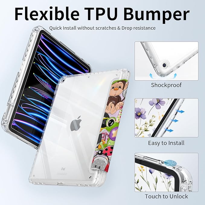 Slim Case for iPad 9th/ 8th/ 7th Generation, Cute iPad 10.2 Inch Case (2021/2020/2019) Girly, Protective Clear Back Cover with Trifold Stable Stand, Auto Wake/Sleep, Animals