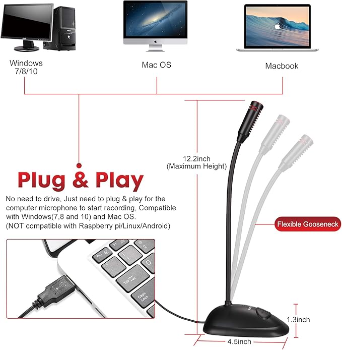 Perrycom USB Computer Microphone, Plug&Play Cardioid Condenser PC Laptop Mic, On/Off and Mute Buttons with LED Indicator, Compatible with Windows/Mac, Ideal for YouTube,Zoom,Recording,Games (6ft)