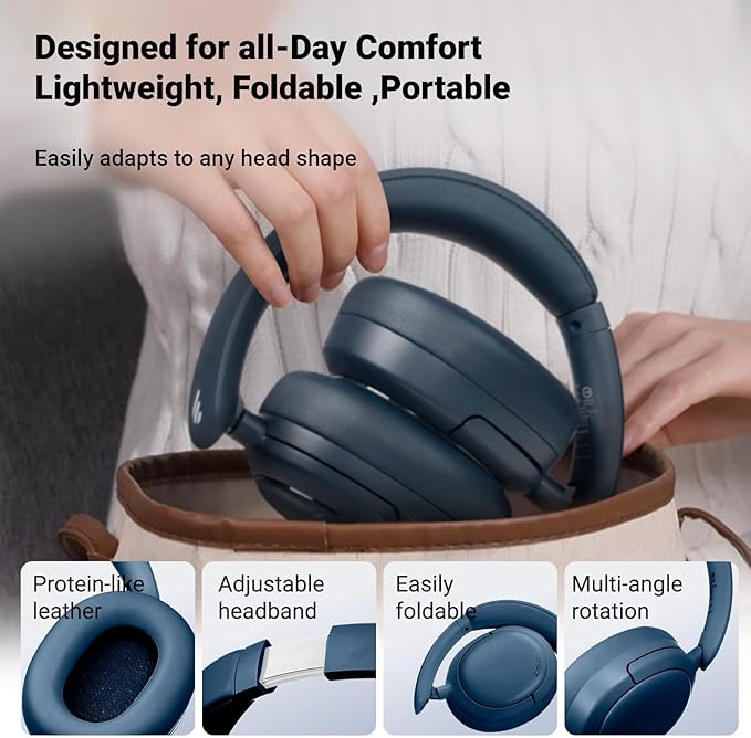 Edifier V80 Hybrid Active Noise Cancelling Headphones, True Wireless Over Ear Bluetooth Headset with 45H Playtime Hi-Res Audio Fast Charging Multipoint Connection for Travel Home Office (Navy)