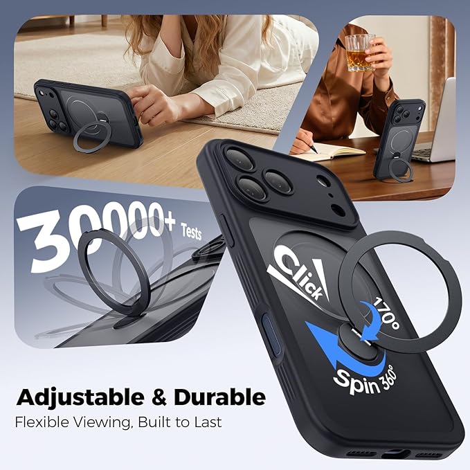 for iPhone 17 Pro Max Case [ 360° Spin Magnetic Stand] [Full Camera Protection] Compatible with Magsafe, 15FT Military-Grade Protection, Translucent Matte Anti-Slip Phone Case 6.9'', Black
