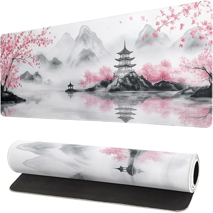 Pagoda Mouse Pad 31.5x11.8 Inch White Full Desk Japanese Mousepad Extended Large Non-Slip Rubber Base Waterproof Big Keyboard Mat with Stitched Edges for Gaming and Office