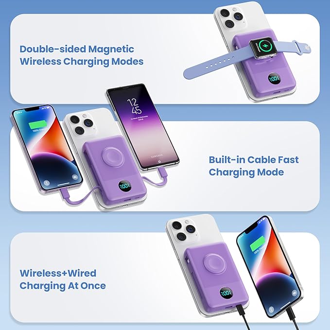Magnetic Portable Charger for MagSafe with Built-in Cable,iWatch Charger,10800mAh Wireless Power Bank Travel Essentials,25W PD Fast Charging Battery Pack for iPhone 17/16/15/14/13,Apple Watch-Purple
