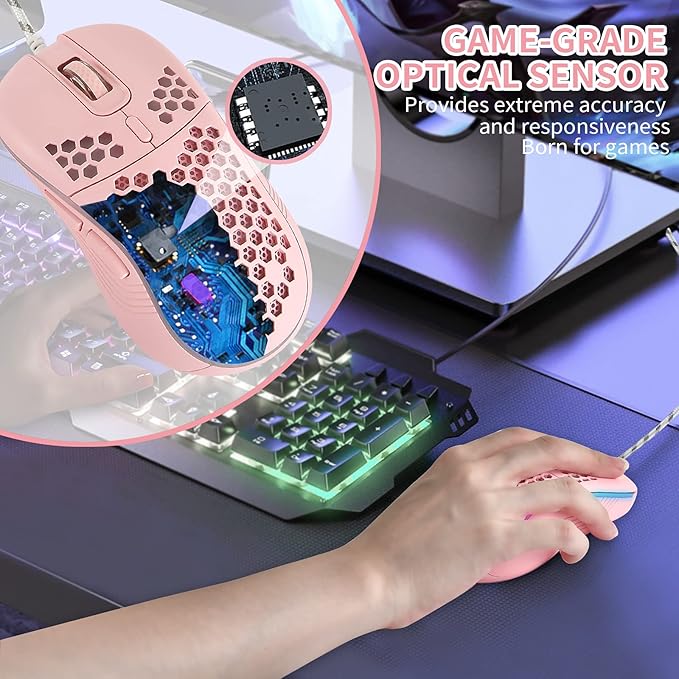 Honeycomb Wired Gaming Mouse with RGB On/Off Switch, 7200 Adjustable DPI, Ergonomic Lightweight Design & High Precision Sensor for PC/Mac Gamers (Pink)