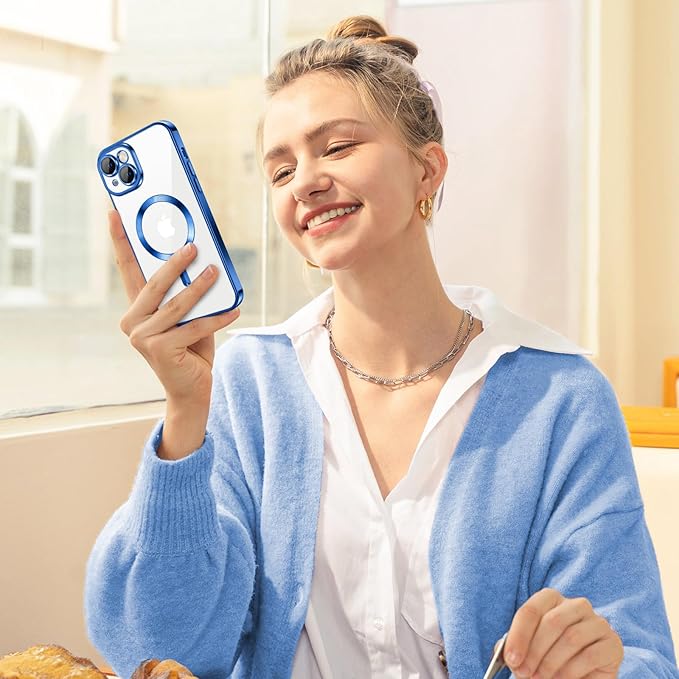 Hython Magnetic Clear for iPhone 14 Case with Camera Lens Protector [Compatible with MagSafe] Luxury Plating Edge Slim Soft TPU Cover Protective Phone Case for iPhone 14 6.1", Deep Blue