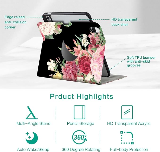 for iPad (A16) 11Th/10Th Generation Case 2025/2022, for iPad A16 Case 11th/10Th Generation 360 Degree Rotating Pencil Holder, Auto Wake/Sleep 4 Viewing Angles Slim Cover, Vintage Flower