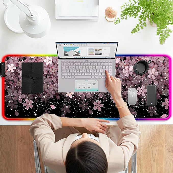 RGB Japanese Cherry Blossom Gaming Desk Mat, Computer Keyboard Large Extended Flowers LED Mouse Pad for Office and Home, 31.5×11.8 Inches, XL, Black