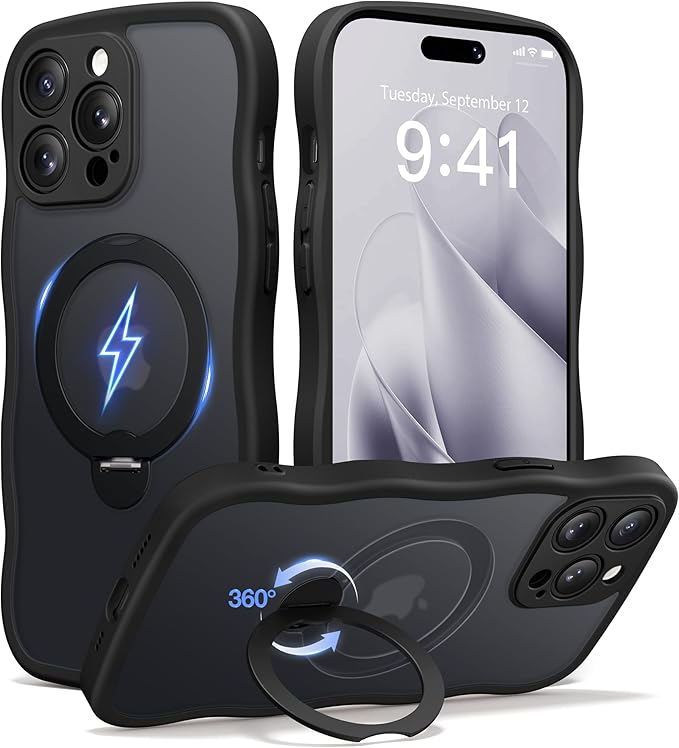 CAPRARO for iPhone 14 Pro Max Case with 360° Spin Magnetic Stand for Women, [Compatible with MagSafe] [Full Camera Protection] Cute Wave Translucent Matte Case for iPhone 14 Pro Max, Black